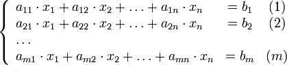 \left\{\begin{array}{lcc} a_{11} \cdot x_1 + a_{12} \cdot x_2 + \ldots + a_{1n} \cdot x_n &amp; = b_1 &amp; (1) \\ a_{21} \cdot x_1 + a_{22} \cdot x_2 + \ldots + a_{2n} \cdot x_n &amp; = b_2 &amp; (2) \\ \ldots &amp; &amp; \\a_{m1} \cdot x_1 + a_{m2} \cdot x_2 + \ldots + a_{mn} \cdot x_n &amp; = b_m &amp; (m) \end{array}\right.